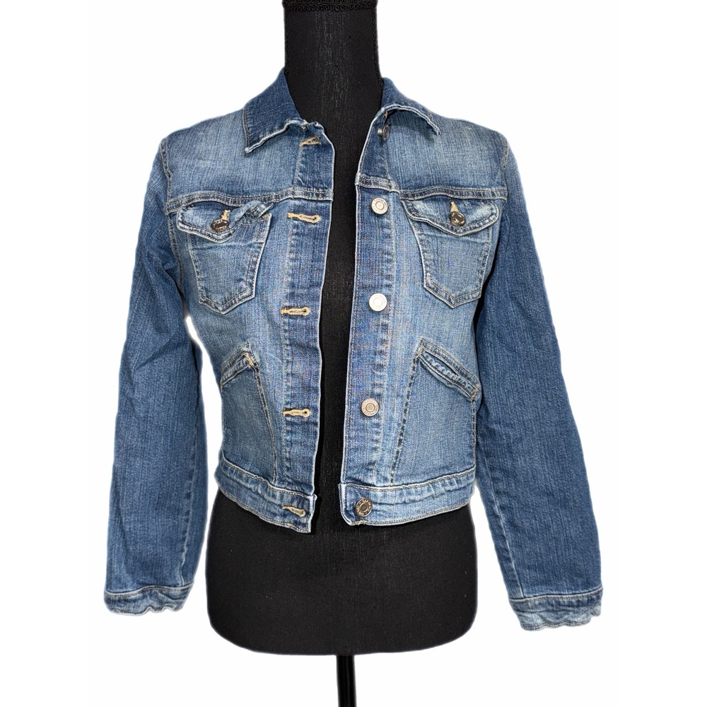 Gap Womens Medium Wash Blue Denim Trucker Jacket Size M Stretch Cotton Cropped